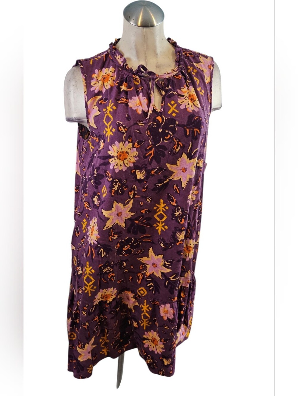 Sonoma Size L Purple Floral Ruffle-Neck Midi Dress Linen Blend